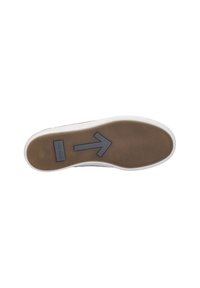 Semelle en caoutchouc de sneaker, surface texturée marron avec une semelle intermédiaire blanche. Présente une flèche et un logo de marque en gris. Forme plate et arrondie.