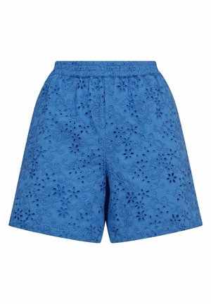 Blauwe shorts met een elastische tailleband, voorzien van getextureerde bloemenborduursels en uitsnijdingen door de stof.