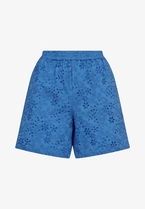 Pantaloni corti blu con vita elastica, caratterizzati da ricami floreali testurizzati e motivi a intaglio su tutta la stoffa.