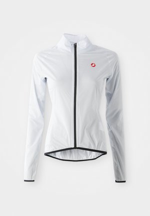 Veste de cyclisme blanche légère avec manches longues, col montant, fermeture éclair sur toute la longueur, accents noirs et un petit logo sur la poitrine.