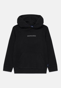 Sudadera negra con bolsillo frontal tipo canguro y texto blanco "PROFOUND" en posición invertida centrado en el pecho, con una gran capucha y puños acanalados.