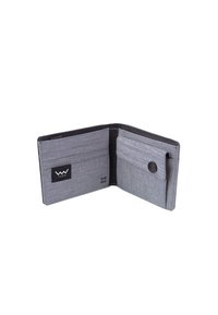 Gray fabric wallet with a smooth texture, multiple card slots, a button closure, and RFID protection. Features a black brand logo.