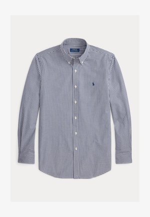 Camicia a maniche lunghe con bottoni, con motivo a piccoli quadretti blu navy e bianco e logo blu navy ricamato sul petto sinistro.