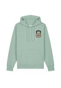 Mintgroene hoodie met een grote grafiek featuring een kettlebell en de tekst "No Pain No Gain." Het heeft een voorzak en een capuchon met koord.