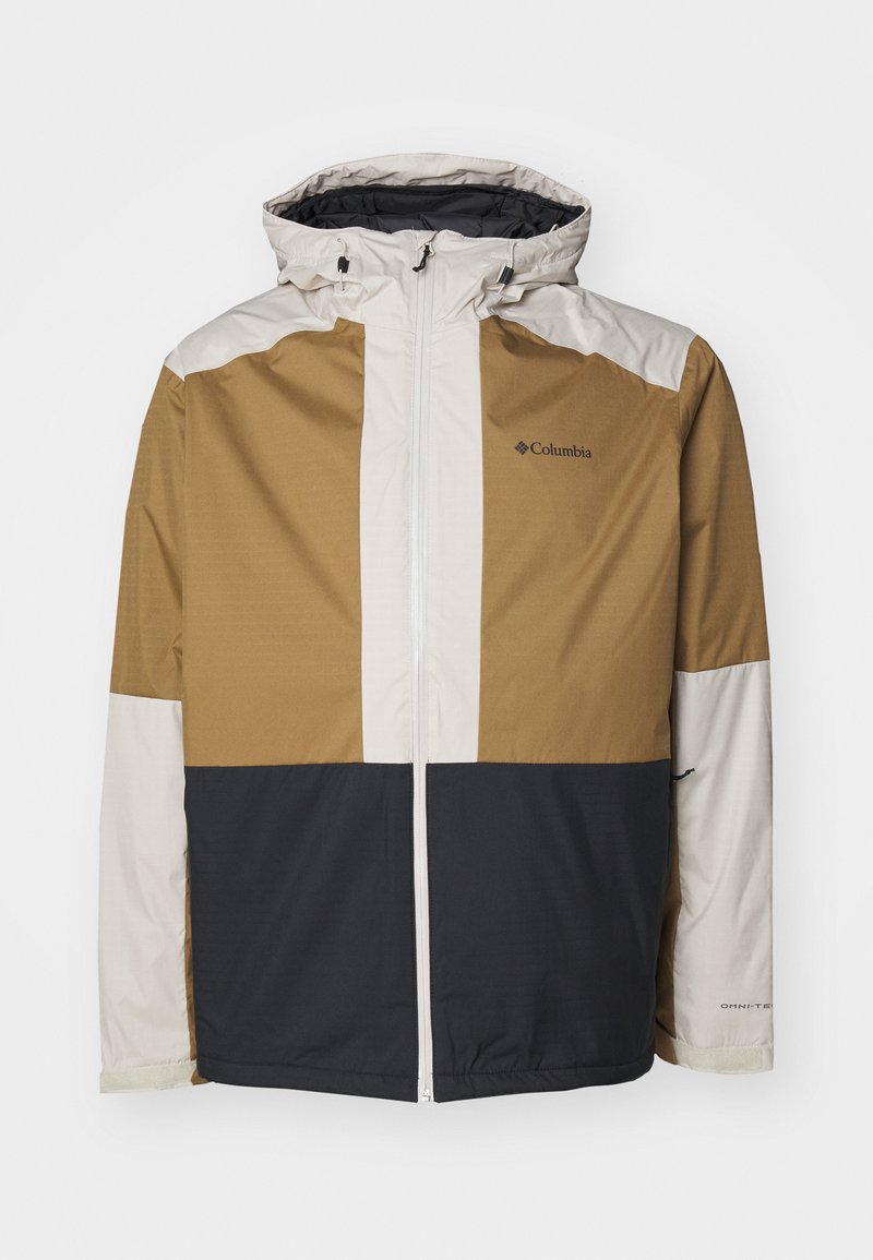 Columbia herre farveblokeret vandtæt jakke med hætte, frontlynlås, beige skuldre og ærmer, brun overdel og sort nederste sektion.