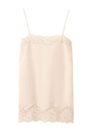 Caraco en satin beige bordé de dentelle, fines bretelles réglables, détail en dentelle florale au niveau de l'encolure et de l'ourlet.