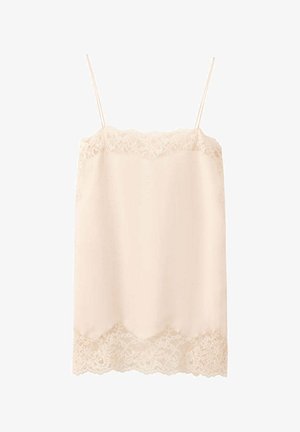 Bež satenasta majica z obrobo z čipke, tanke nastavljive naramnice, cvetlični čipkasti detajl na izrezih in robu.