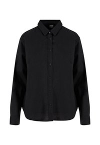 Black long-sleeve button-up shirt made of cotton, featuring a classic collar, front buttons, and a relaxed fit with a curved hem.