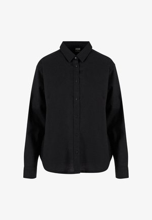 Chemise noire à manches longues et à boutons, en coton, avec un col classique, des boutons sur le devant, et une coupe décontractée avec un ourlet arrondi.