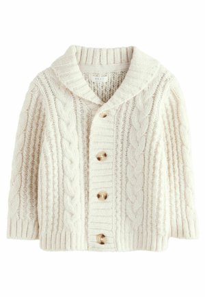Cardigan crema a maglia cable con colletto a scialle, cinque bottoni dorati e dettagli a coste sulle maniche e sull'orlo. Tessuto morbido e testurizzato.