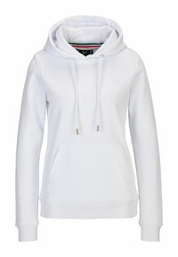 Witte hooded sweatshirt van zacht materiaal, voorzien van een kangoeroezak, trekkoorden met metalen uiteinden en een subtiele reliëflogo.