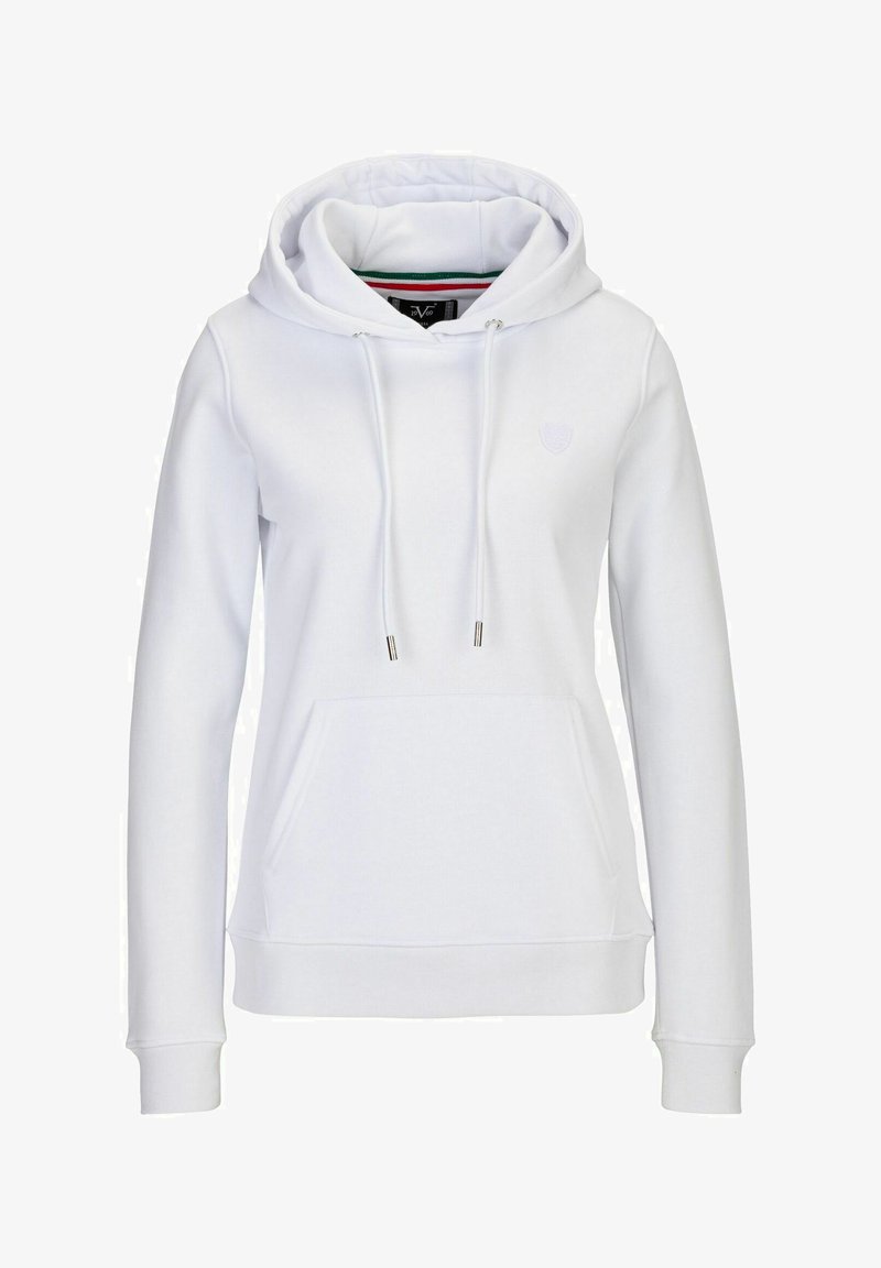 Witte hooded sweatshirt van zacht materiaal, voorzien van een kangoeroezak, trekkoorden met metalen uiteinden en een subtiele reliëflogo.