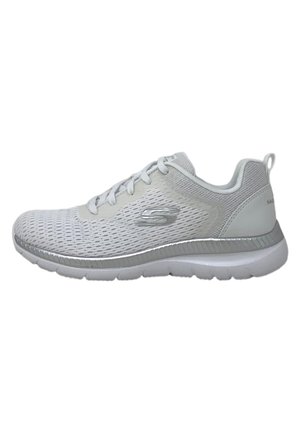 White athletic shoe with a mesh upper, flat laces, and cushioned sole; reflective accents along the side; lightweight design.