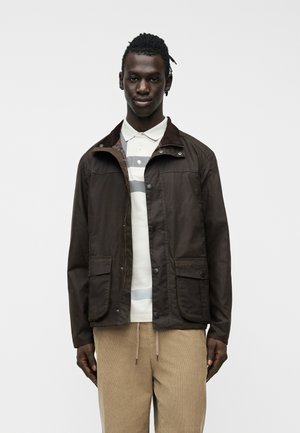 Noor mees, kes kannab tumepruuni jopet valge ja halli triibulise polo särgi peal ning beežide triibuliste sametpükstega, seisab valge tausta ees.