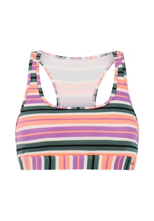 Prugasti sportski grudnjak s dizajnom racerback u ružičastim, ljubičastim, bijelim i zelenim bojama, s vodoravnim i okomitim teksturiranim prugama.