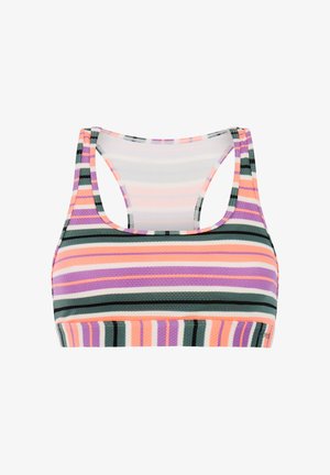 Prugasti sportski grudnjak s dizajnom racerback u ružičastim, ljubičastim, bijelim i zelenim bojama, s vodoravnim i okomitim teksturiranim prugama.