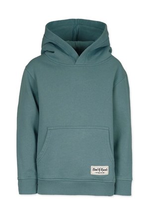 Sweat-shirt à capuche bleu-vert à manches longues avec poche kangourou devant et une petite étiquette blanche en bas à droite.