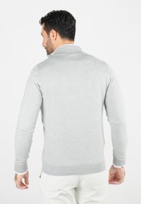Pull gris clair avec un col classique, des manches longues et des bordures côtelées au niveau des manches et du bas. Texture lisse avec un minimum de détails au dos.