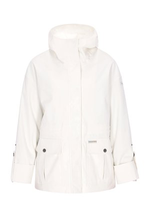 Jachetă impermeabilă albă cu guler înalt, două buzunare frontale și detalii cu nasturi. Are un croi lejer și manșete reglabile la mâneci.