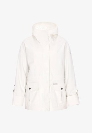Bílá nepromokavá bunda s vysokým límcem, dvěma předními kapsami a knoflíkovými detaily. Má volný střih a nastavitelné manžety rukávů.