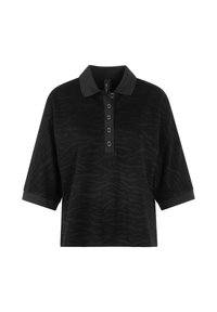 Schwarzes Poloshirt mit kurzen Ärmeln, strukturiertem Muster und einer Knopfleiste mit fünf Knöpfen. Weicher Stoff mit klassischem Kragen.