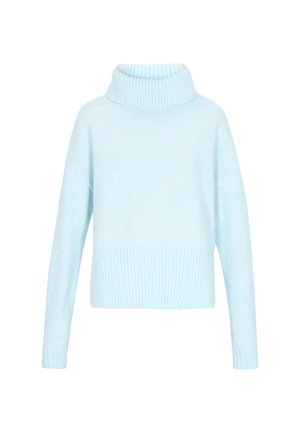Svetlo modra turtleneck pulover z dolgimi rokavi. Mehka pletenina z rebrastim vzorcem na manžetah in robu. Pristranski kroj z spušenimi rameni.
