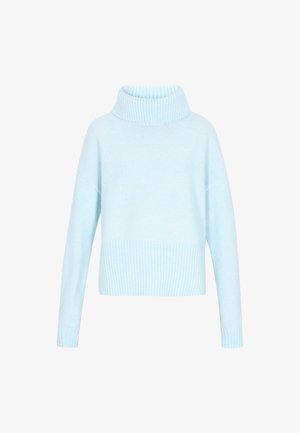 Light blue, long-sleeve turtleneck sweater. Soft knit material with ribbed texture at the cuffs and hem. Casual fit with dropped shoulder seams.