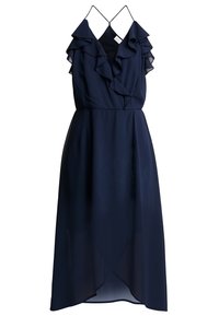 Robe bleu marine avec un col à volants, design sans manches et superposition en tulle. Présente des bretelles fines et un ourlet fluide.