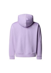 Levanduľová mikina s kapucňou, klokanie vrecko, nastaviteľná šnúrka na kapucni a malým logom v hornej časti chrbta. Vyrobená z mäkkej bavlnenej zmesi.