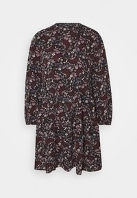 Květinové šaty s dlouhými rukávy, kulatým výstřihem, ve tmavě burgundské látce s růžovými a bílými květinovými a listovými vzory, na sukně jsou plisované.