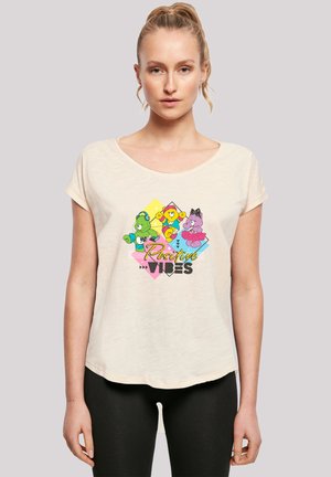Cream cotton t-shirt featuring colorful cartoon characters and the text "Positive Vibes" in various fonts, short sleeves, and a relaxed fit.