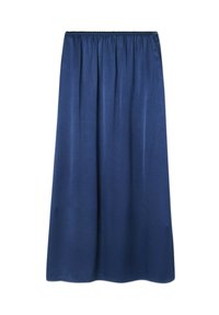 Jupe midi bleu marine en tissu lisse avec une taille élastique et une silhouette légèrement fluide. Pas de fermetures ni de motifs visibles.