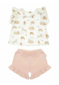 Biały top z krótkim rękawem z pastelowym nadrukiem jednorożca i tęczy, zestawiony z różowymi szortami z falbankami. Miękka tkanina o wygodnym kroju.