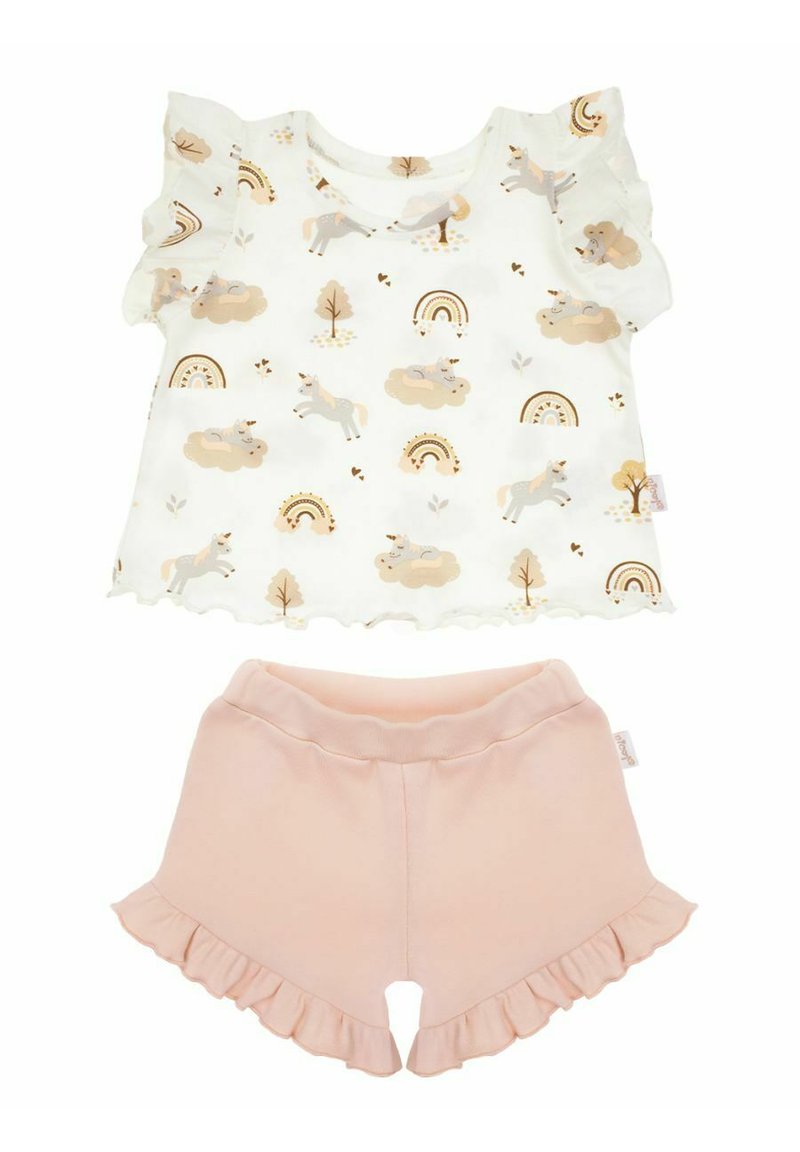 Biały top z krótkim rękawem z pastelowym nadrukiem jednorożca i tęczy, zestawiony z różowymi szortami z falbankami. Miękka tkanina o wygodnym kroju.