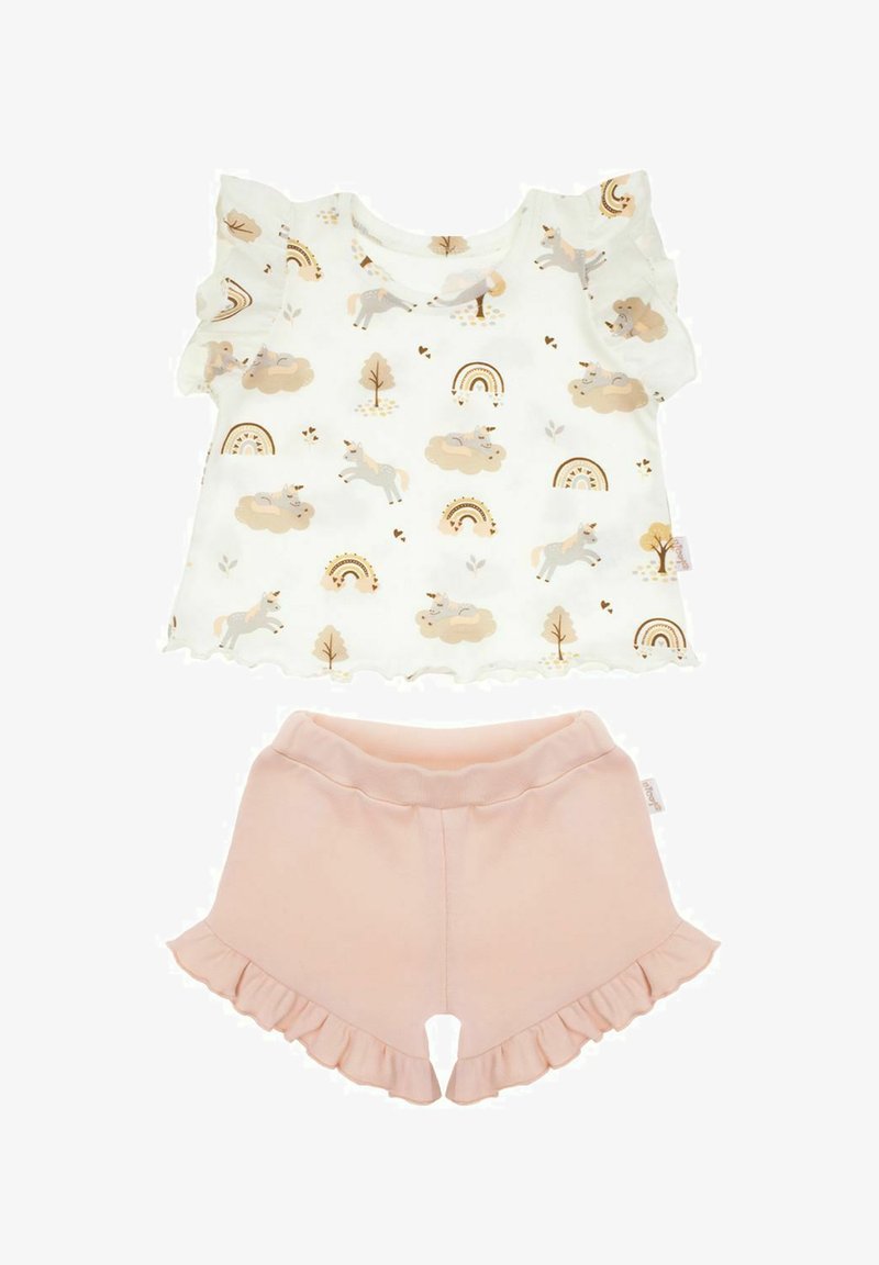 Biały top z krótkim rękawem z pastelowym nadrukiem jednorożca i tęczy, zestawiony z różowymi szortami z falbankami. Miękka tkanina o wygodnym kroju.
