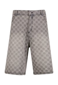 Graue Denim-Shorts mit einem kreisförmigen Muster, klassischem Fünf-Taschen-Design und sichtbaren Nähakzenten.