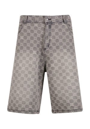 Grå denimshorts med et cirkulært mønster, traditionelt fem-lomme design og synlige syninger.