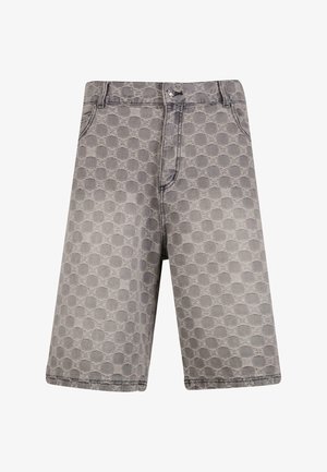 Šedé denimové šortky s kruhovým vzorem, tradičním pěti-kapsovým designem a viditelnými stehovými detaily.