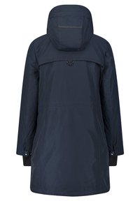 Marineblaue wasserdichte Parka mit Kapuze, ausgestattet mit einem rechteckigen Rückenteil, Druckknöpfen und strukturierten Bündchen für zusätzlichen Komfort.