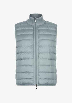 Jasnoszara pikowana kamizelka bez rękawów z prążkowanym wysokim kołnierzem i podwójnym zamkiem błyskawicznym z przodu.