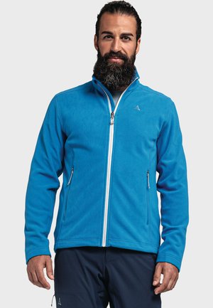 Blue fleece jacket with a high collar, front zip, two side pockets, and contrasting white zipper. Features a logo on the chest.