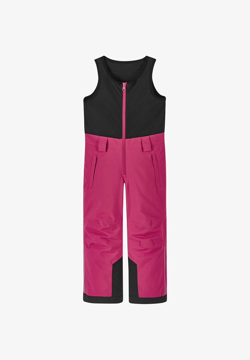 Roze en zwarte geïsoleerde sneeuwoverall met een voorrits, mouwloos ontwerp en twee zijzakken. Versterkte zwarte accenten bij de benen.