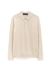Polo shirt beige a maniche lunghe con colletto classico, patta con tre bottoni e polsini e orlo ribattuti. Tessuto morbido e liscio.