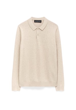 Polo shirt beige a maniche lunghe con colletto classico, patta con tre bottoni e polsini e orlo ribattuti. Tessuto morbido e liscio.