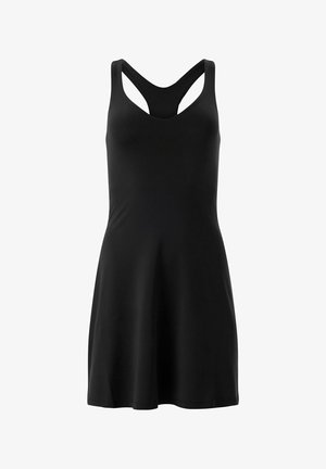 Black dress made of smooth fabric, featuring a V-neck and crisscross back straps. Flared hem offers a loose fit, emphasizing simplicity.