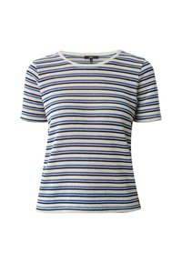 Pruhované tričko s krátkým rukávem v modré, bílé a námořnické barvě. Má kulatý výstřih a texturovanou látku s měnícími se vodorovnými pruhy.