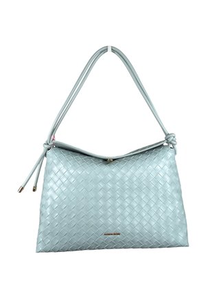 Borsa a mano in pelle intrecciata azzurro chiaro con una singola tracolla con estremità annodate e un piccolo logo metallico del marchio.