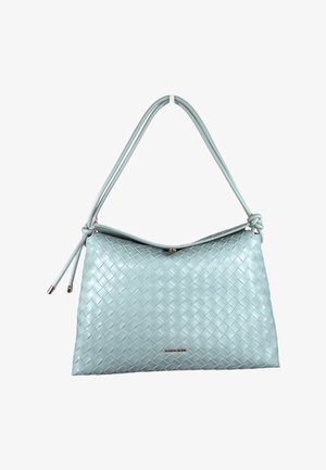Borsa a mano in pelle intrecciata azzurro chiaro con una singola tracolla con estremità annodate e un piccolo logo metallico del marchio.