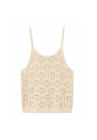 Szydełkowy crop top w kolorze off-white z koronkowym wzorem, posiadający cienkie ramiączka i fakturowane wykończenie, z zaokrąglonym dołem.