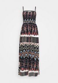 Robe maxi à fines bretelles et corsage froncé, présentant des motifs abstraits et géométriques multicolores dans des tons noirs, rouges, bleus et crème.